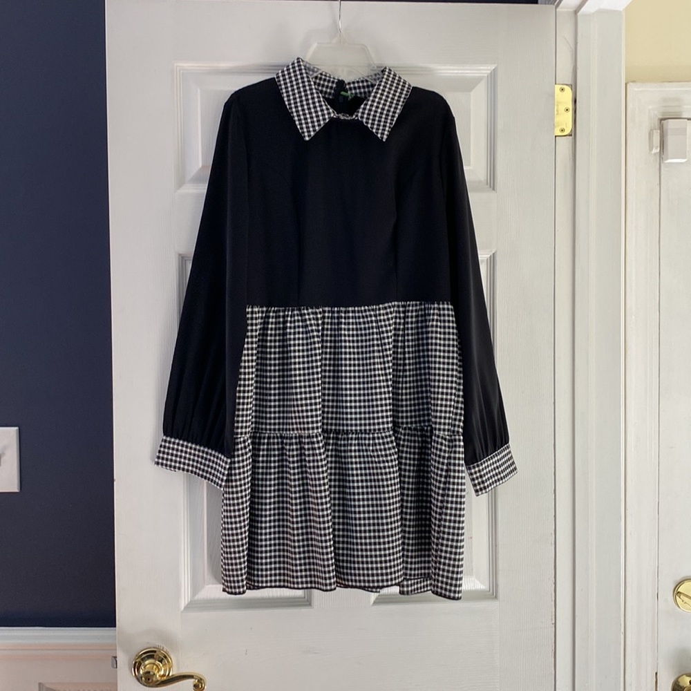 NWOT Gingham Spliced Contrast Collar Ruffle Hem Dress - Picture 3 of 5